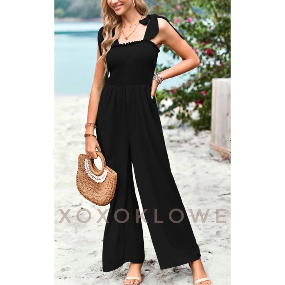 POL Black Relaxed Fit Smocked Jumpsuit Self Tie Shoulder Ribbons